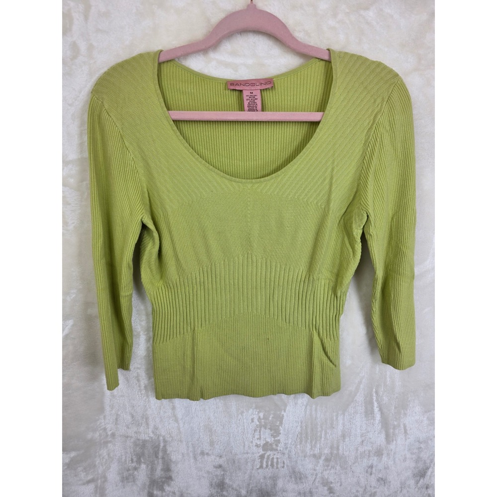 Bandolino Womens Lime Green Ribbed Scoop Neck 3/4 Sleeve Knit Sweater‎ Size M